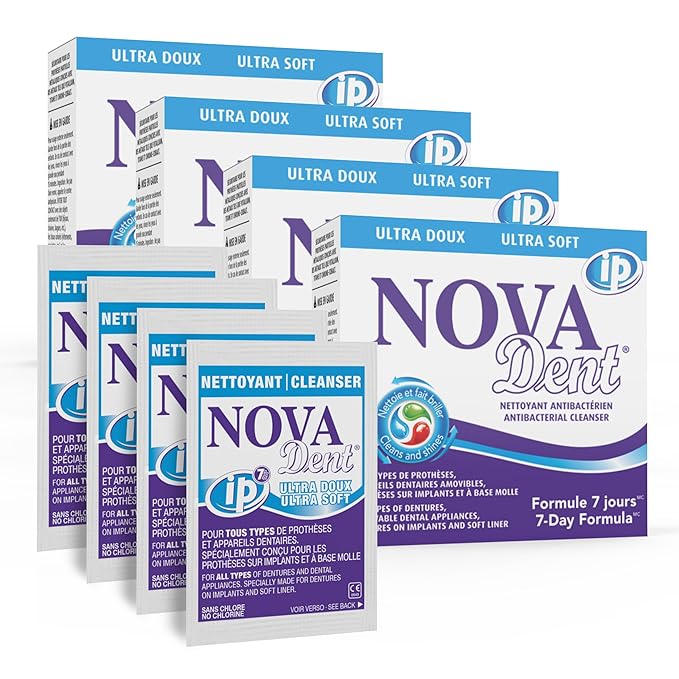 Novadent Dentures Cleaner – for Denture on implants, Denture Soft Liner and Orthodontic Appliance Without Soldering - 1 Year + Free Month (56 sachets)