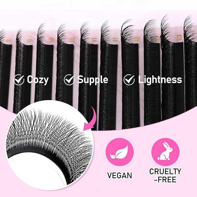 Arison Lashes Double Layers 3DW Shape Eyelash Extension Natural Soft Volume 0.07mm D Curl 8-15mm Mix Premade Fans Faux Mink Matte Black 12 rows