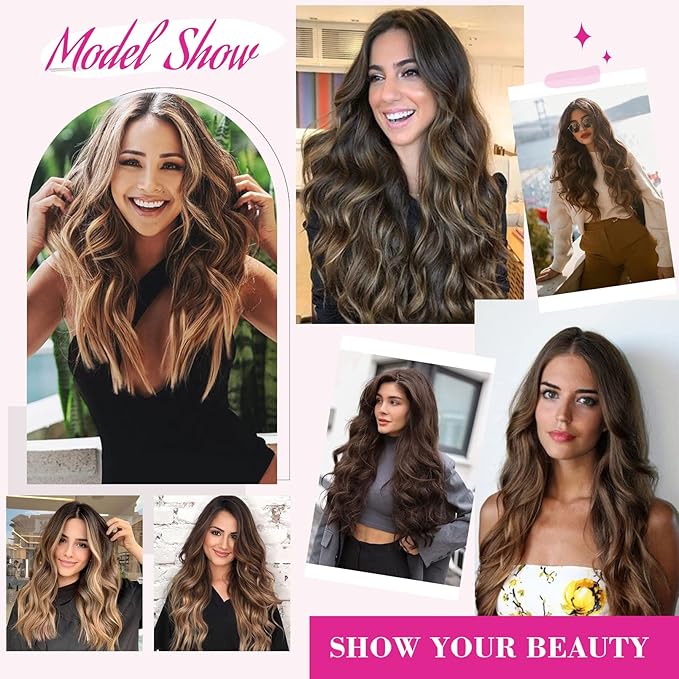REECHO 24" 1-Pack 3/4 Full Head Curly Wave Clips in on Synthetic Hair Extensions HE008 Hairpieces for Women 5 Clips per Piece-Black Brown