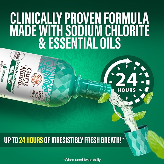 GuruNanda Fresh Breath Mouthwash, ADA-Accepted, Alcohol & Fluoride-Free, Sodium Chlorite, Essential Oils & Vitamins, 12-Hrs Fresh Breath, Wild Mint, 16 oz - 2 Pack