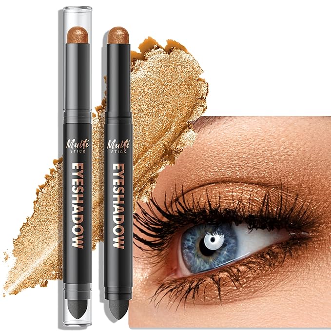 Dual-Ended Bronze Shimmer Eyeshadow Stick - Long-Lasting Cream Eye Shadow Stick Metallic Eyeshadow Pencil, Easily Blendable Multi-Use Eye Highlighter Makeup with Built-in Smudger, 11