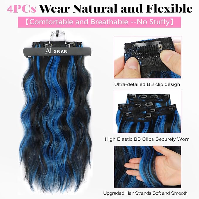 ALXNAN Clip in Long Wavy Synthetic Hair Extension 24 Inch Black Mix Blue Highlights 4PCS Thick Hairpieces Fiber Double Weft Hair for Women