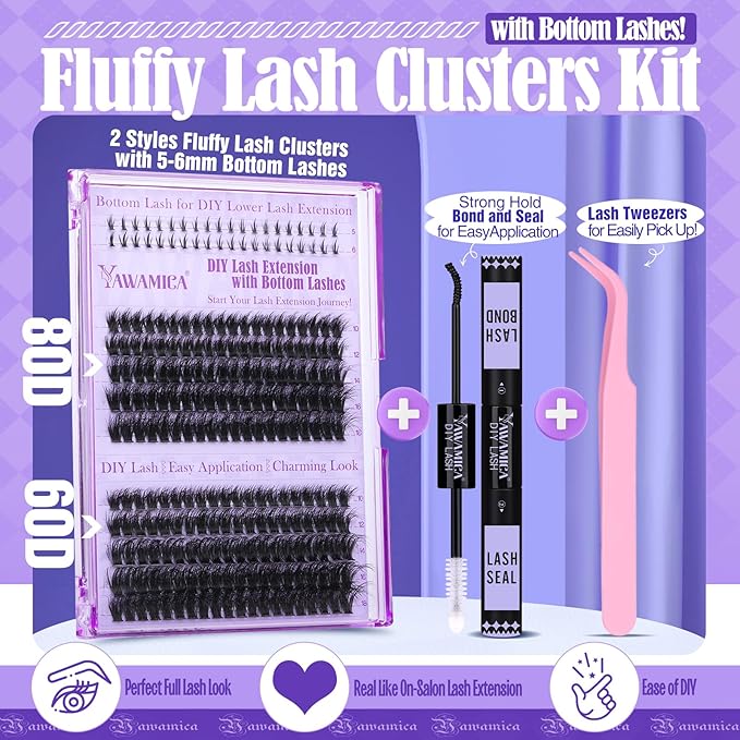 Yawamica Lash Clusters Kit DIY Lash Extension Kit with Bottom Lashes Fluffier Wispy Cluster Eyelash Extension 10-18MM 60D+80D Individual Lashes Kit with Lash Bond and Seal and Applicator for Beginners