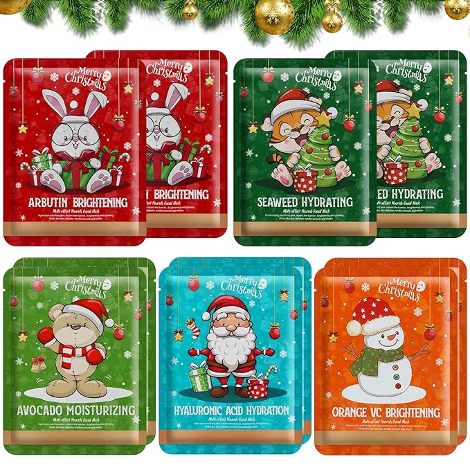 YTRAJU 10 Pack Christmas Face Masks Skincare for Christmas Gifts, Face Sheet Masks for Christmas Stocking Stuffers, Hydrating and Bightening, Holiday Face Masks Christmas Gifts for Teens Girls Women