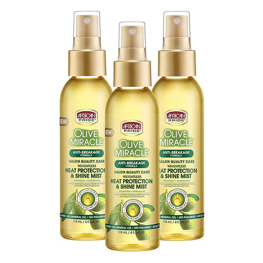 African Pride Olive Miracle Weightless Heat Protection & Hair Shine Mist (3 Pack), Fights Humidity & Shields Against Heat Damage, Enriched with Olive & Tea Tree Oils, 4 oz