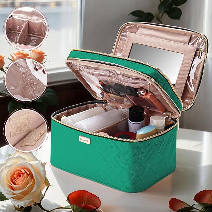 BAFAMYE 8.8L Double Layer Travel Makeup Bag With Mirror For Women, Large Cosmetic Case, Organizer for Travel-Size Accessories Bottles, Brushes,and Skin Care Products, 2.33 GAL, Green…