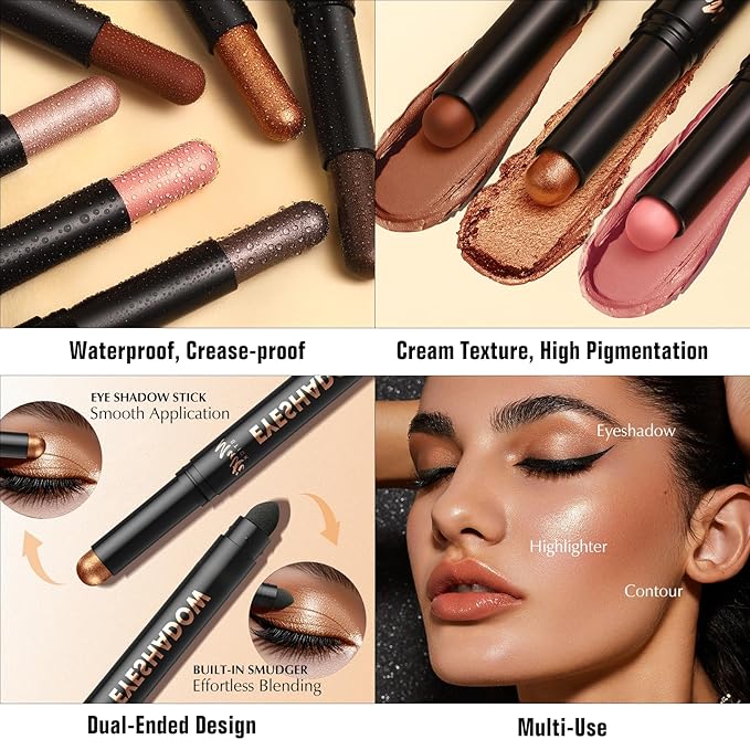 Dual-Ended Golden Pearl Shimmer Eyeshadow Stick - Long-Lasting Cream Eye Shadow Stick Crease-Proof Metallic Eyeshadow Pencil, Easily Blendable Multi-Use Eye Crayon Highlighter Makeup, 10
