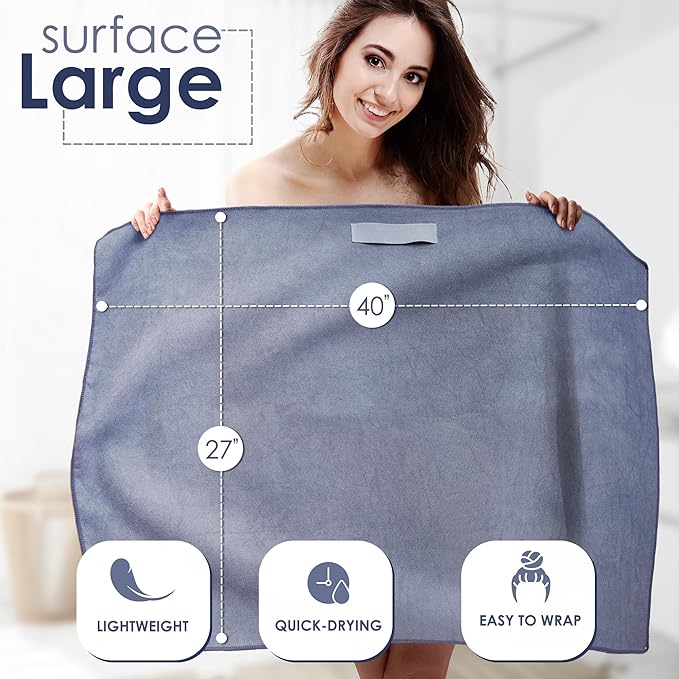 Large Microfiber Hair Towel Wrap for Women (27x40 Inches). Anti Frizz Rectangle Fast Drying Towel with Elastic Band for Long, Curly, and Thick Hair. Includes Reusable Carry Bag (Grey)