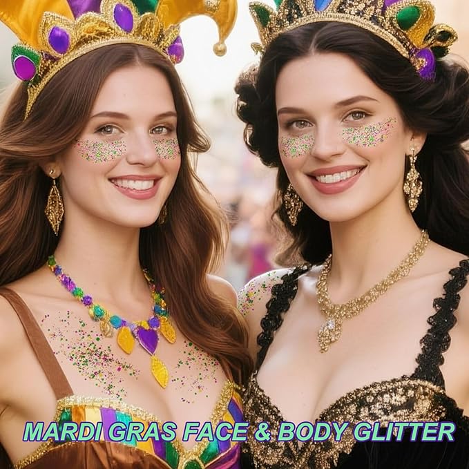 Mardi Gras Gold Hair Face Glitter,Mardi Gras Outfit for Women,Green Purple Gold Mixed Holographic Self-Adhesive Body Glitter,Festival Chunky Sequins Carnival Costume New Orleans Decorations