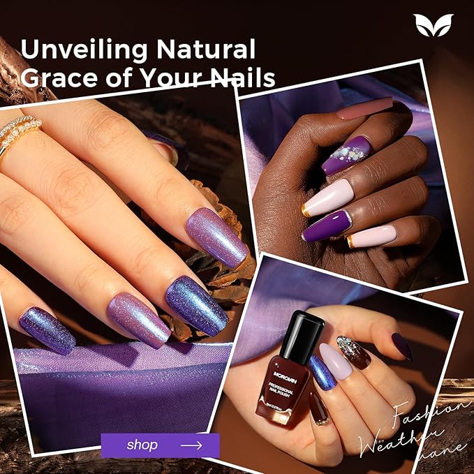 Morovan Purple Nail Polish Set: Brown Nude Glitter Nail Polish Kit Dark Purple Sparkle Shimmer Regular Air Quick Dry Fingernail Polish Pack for Women 2025 Nail Art Design Gift Holiday Party