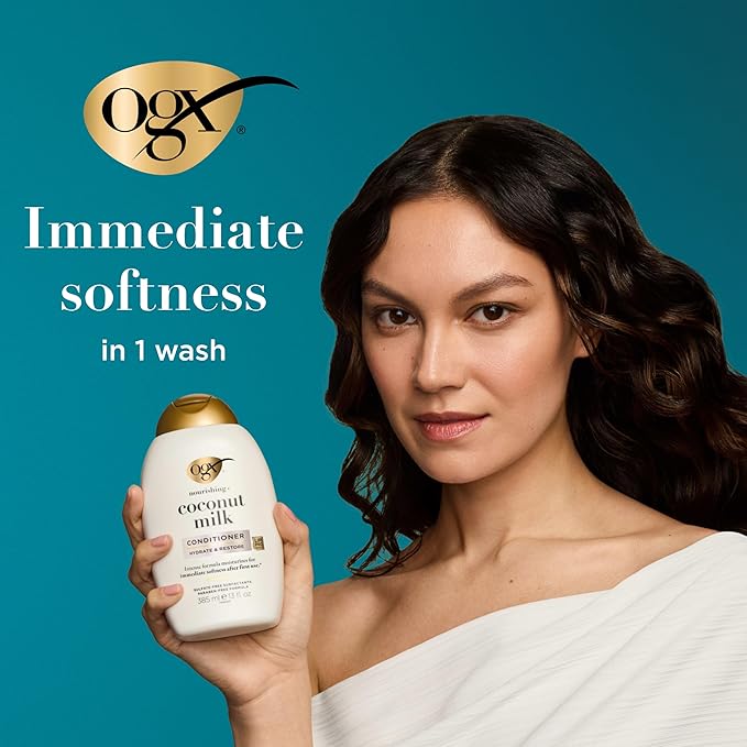 OGX Nourishing + Coconut Milk Conditioner, Hydrating & Restoring Conditioner Moisturizes for Soft Hair After the First Use, Parabens-Free, Sulfate-Free Surfactants, 13 fl. Oz
