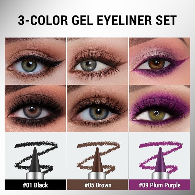 Noerrors 3pcs Black Brown Plum Matte Gel Eyeliner Pencil Set, Waterproof Smudge Proof Smoky Waterline Eyeliner Crayon for Winged Liner Goth Makeup, Cream delineador de ojos&Eyeshadow for Older Women