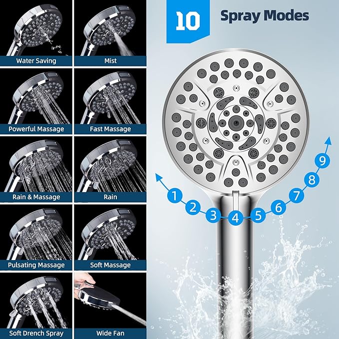 Hibbent All Metal CUPC Certified Shower Head, 10'' High Pressure Rainfall Shower Head, Handheld Showerhead Combo with 12'' Adjustable Extension Arm, 10-Spray, 71'' Shower Hose, Shower Holder, Chrome