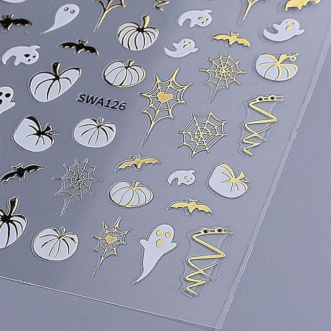 Halloween Pumpkin Ghost Nail Art Stickers Fall Maple Leaf Nail Decals Golden Fall Leaf Bat Spider Web Ghost 3D Self-Adhesive Nail Design Stickers for Women Holiday Manicure 8 Sheets
