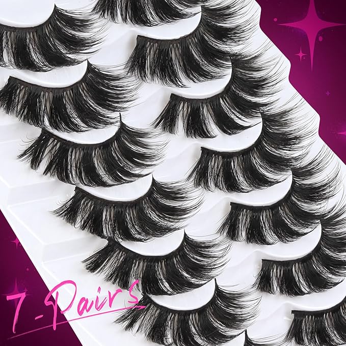 Veleasha False Eyelashes Long Faux Mink Lashes Fluffy Handmade Fake Eyelashes Natural Look 7 Pairs Pack Luxury Cat Eye Lashes (800)