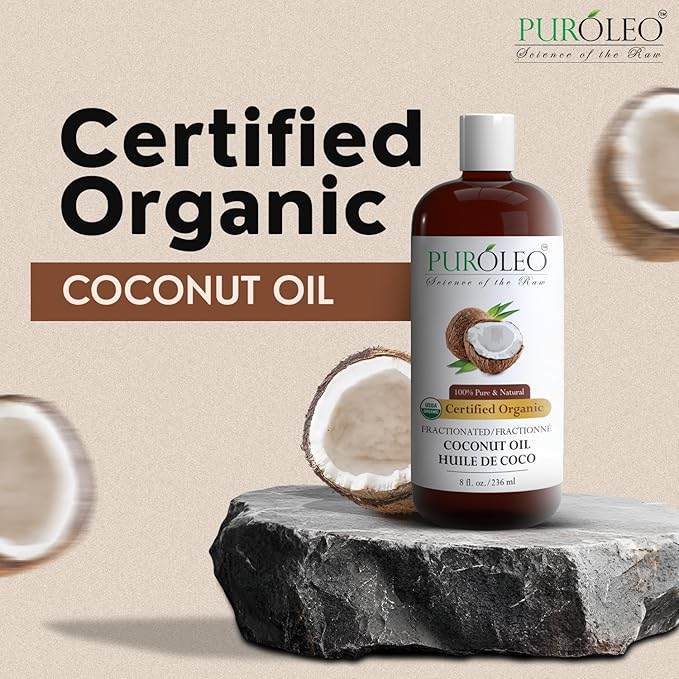 PUROLEO Organic Certified USDA Fractionated Coconut Oil 8 Fl Oz/236 ML (Packed in Canada) – 100% Natural & Odorless Moisturizer & Carrier Oil for Hair, Skin, Body, Massage, Makeup Removal