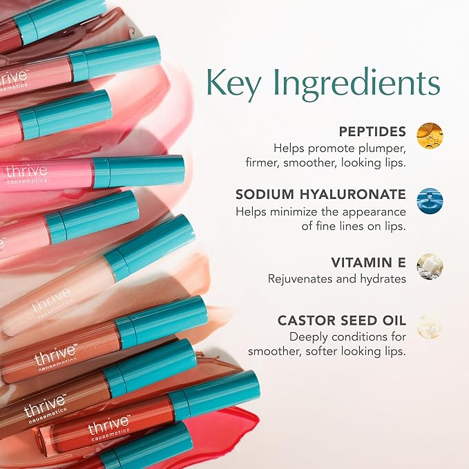 Thrive Causemetics Sheer Strength Lip Plumping Peptide Gloss, Lip Plumper with Vitamin E, Peptides, Plumps, Smooths & Hydrates Lips, High Shine, Vegan & Cruelty Free, Emily (Clear Shimmer)