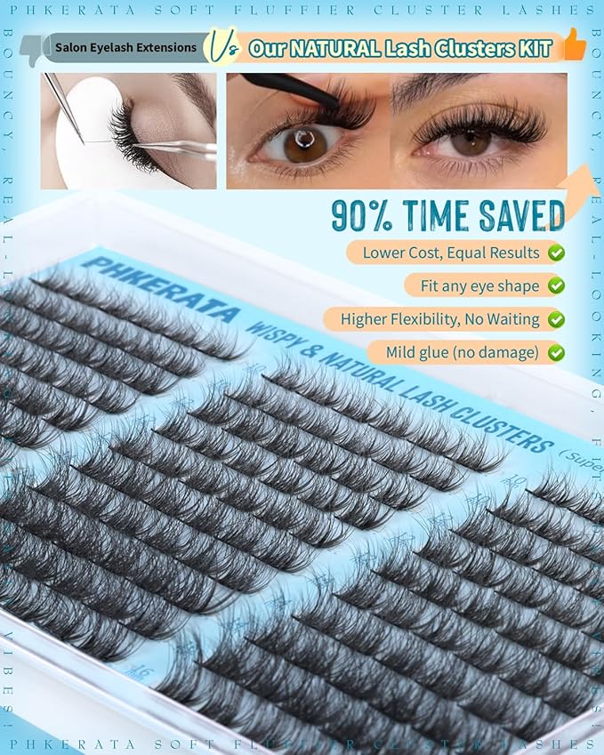 Lash Clusters Kit Natural Eyelash Clusters Wispy Lash Extension Kit 180Pcs Cluster Eyelash Extensions Kit 10-16mm C Curly Individual Lashes Soft with Lash Bond and Seal, Lash Tweezers