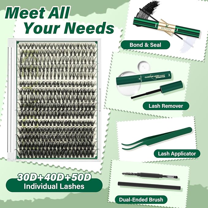 KEYYOU Lash Extension Kit DIY 300Pcs Lash Clusters Eyelash Extension Kit Lash Clusters Kit with Lash Glue Remover Applicator Easy to Use for Beginners(Kit,30D40D50D-D,8-16MIX)
