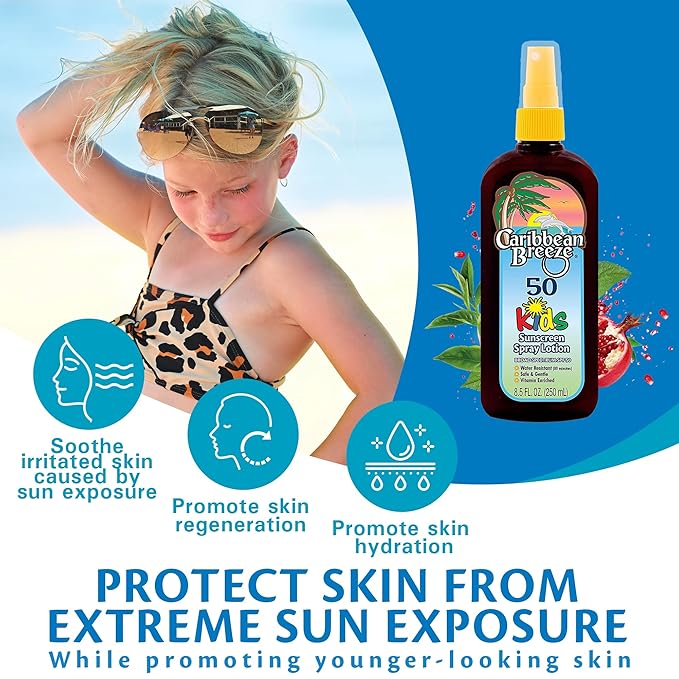 Caribbean Breeze Kids Sunscreen Spray SPF 50 Lotion, Mango Scent Lime Fragrance Tanning Sunscreen Spray On Sunscreen with Green Tea & Pomegranate Extracts, 8.5 oz (250 ml)