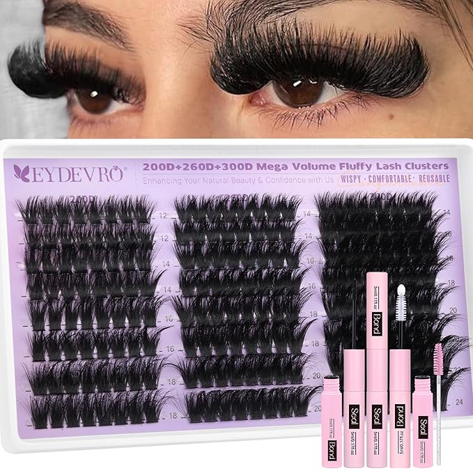 EYDEVRO Fluffy Lash Clusters Kit 12-24mm Long Eyelash Clusters Kit 200D260D300D Mega Volume Cluster Eyelash Extensions Dramatic Full Mink Cluster Lashes Kit with Lash Bond and Seal Lash Brushes