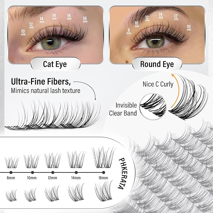 Velure Lash Clusters Kit Natural Eyelash Clusters Wispy Lash Extension Kit Invisible Clear Band Lashes DIY Cluster Eyelash Extensions with Bond and Seal Tweezers, 8-16mm, 120Pcs