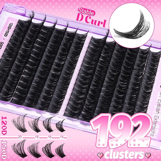 Lash Clusters Kit 14-20MM Long Eyelash Extension Kit 192Pcs Thick Volume DIY Lash Extensions Kit Soft Cluster Lashes D-Curly Individual Lashes Kit 120D+150D Mink Cluster Eyelash Extensions Kit