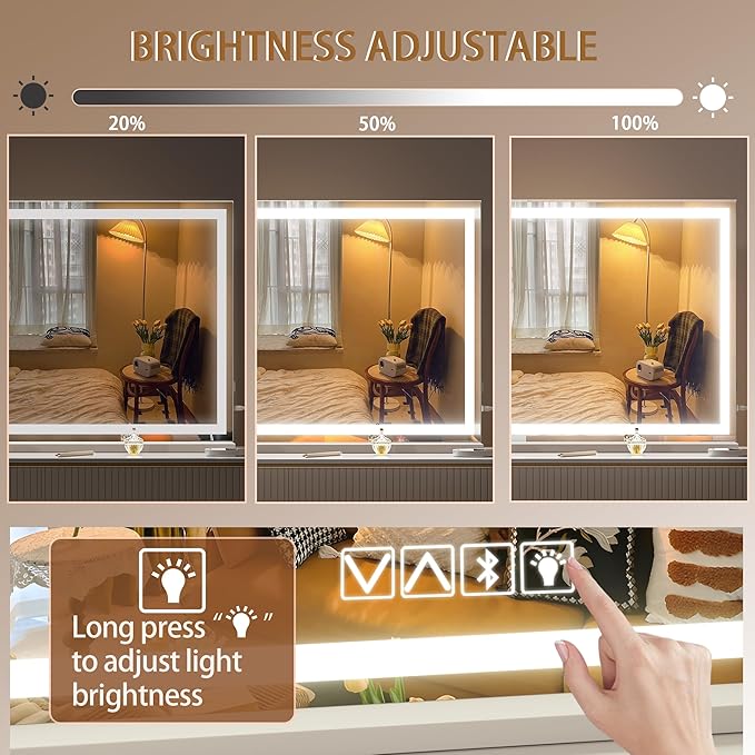 Hasipu Vanity Mirror with Lights and Bluetooth Speaker, 47" x 29.5" LED Makeup Mirror, Lighted Makeup Mirror with Dimmable 3 Modes, Touch Screen Control Vanity Mirror Square White