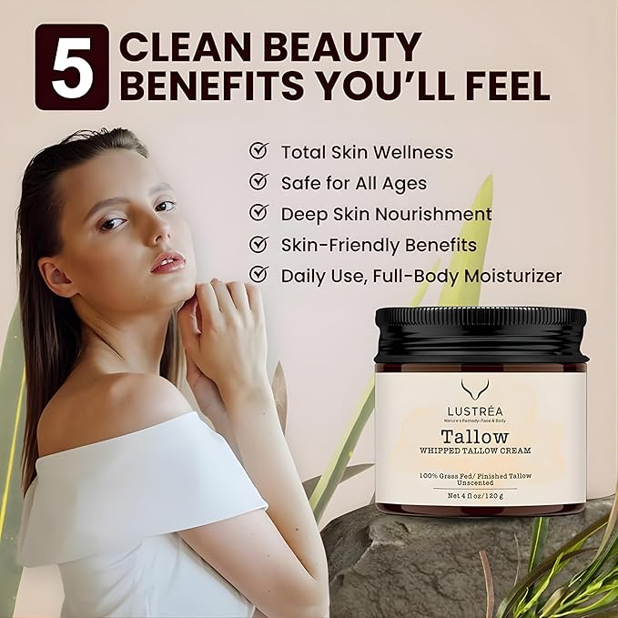 LUSTRÉA Whipped Tallow Cream for Face & Body 4oz | Grass Fed Beef Tallow Moisturizer | Face Cream for Dry Skin & Sensitive Skin | Beef Tallow Balm, Non-Greasy Daily Skincare (120 gram, Unscented)
