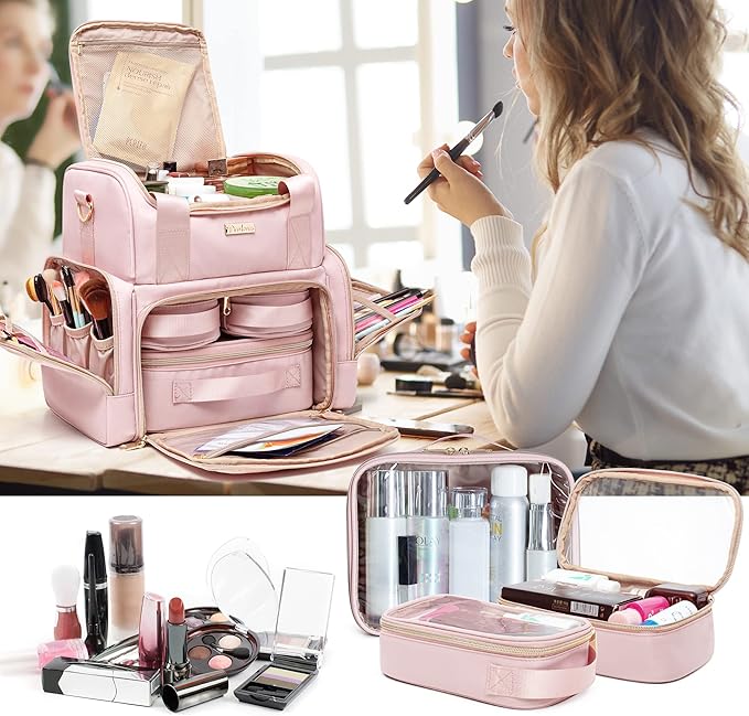Prokva Large Makeup Cosmetic Bag with 3 Removable Case, Double Layer Travel Makeup Organizer Case with Inner Dividers and Makeup Brushes Storage Section, Pink (Patented Design)