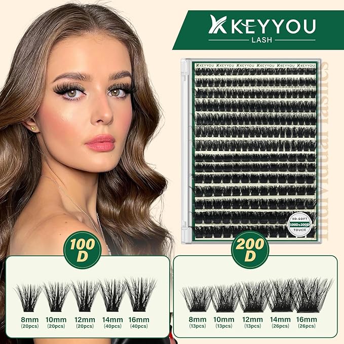 KEYYOU Lash Clusters 3D Effect Eyelash Clusters 231pcs 100D200D D Curl 8-16MIX Individual Lashes Wispy Lashes Volume Cluster Lashes Natural Soft DIY Lash Extension(3D-100D200D-D-8-16MIX)