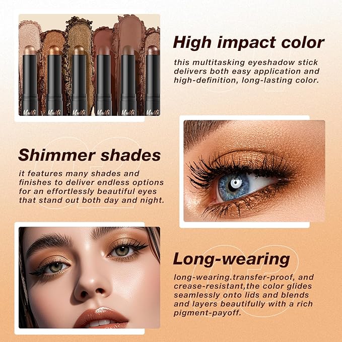 LANGMANNI 4Colors Dual-Ended Cream Eyeshadow Stick Set – Silky Smooth, Waterproof & Transfer-Proof, Built-in Blender Brush, All-Day Matte & Shimmer Wear Eye Makeup(#9+10+11+12)