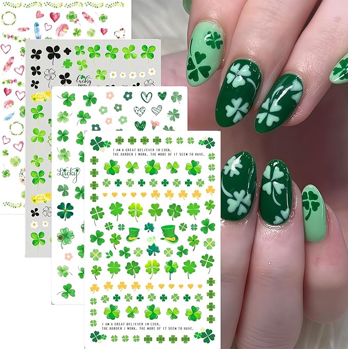 8 Sheets St. Patrick's Day Nail Art Stickers Green Shamrock 3D Self-Adhesive Nail Decals Four Leaf Clover Nail Supplies Lucky of Irish Spring Summer Lucky Leaf Nail Decor for Women Manicure DIY
