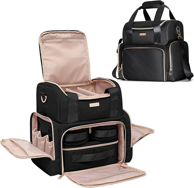 Prokva Large Cosmetic Bag with 3 Removable Case, Double Layer Travel Organizer with Inner Dividers and Makeup Brushes Storage Section, Black (Patented Design)