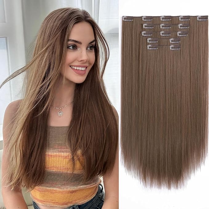 Clip in Hair Extensions Straight 18 Inch Long Invisible Synthetic 5PCS Thick Clips on Hairpieces Heat Resistant Fake Extension for Women Weddings Party Daily Use Golden Copper 6.5 Oz