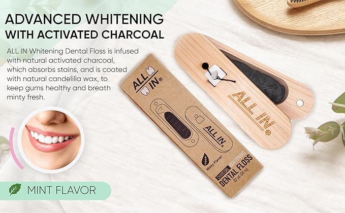 ALL IN Waxed Charcoal Floss with a Refillable Dental Floss Magnetic Holder - Plant Based, Natural, and No PFAS - Mint Floss for Effective Plaque Removal, Clean Teeth, Fresh Breath - 32 yd (2)