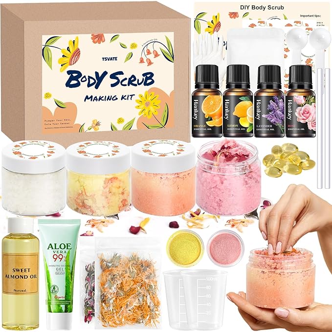 Body Scrub Making Kit- Make Your Own Salt Body Scrub, Salt Scrub for Body with Almond Oil, Moisturizing and Exfoliating Dry Skin Hand Foot, DIY Organic Body Care Christmas Gifts For Women & Men