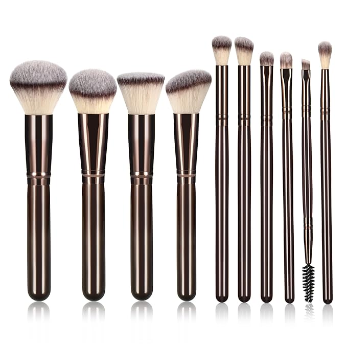 YJ-Anyue 10 Piece Black brown Makeup Brushes - Wooden Handle with Soft Synthetic Bristles,for Face & Eye Makeup|Professional Makeup Brushes set for Women & Girls|