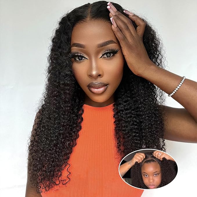 Wear and Go Kinky Curly Glueless Wig Human Hair, 6x4 Pre-Cut HD Lace Glueless Wigs Pre-Plucked, Transparent No Glue Lace Front Closure Wigs for Women 180% Density 22 inch