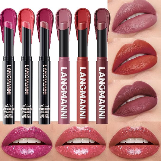 Jolilab 6Pcs Glitter Lip Kit - Velvet Matte & Nude Matte Lipstick + Glitter Lip Gloss/Glitter Lipstick High Pigmented Long-Lasting Waterproof Beauty Cosmetics Gift for Women(SET B)