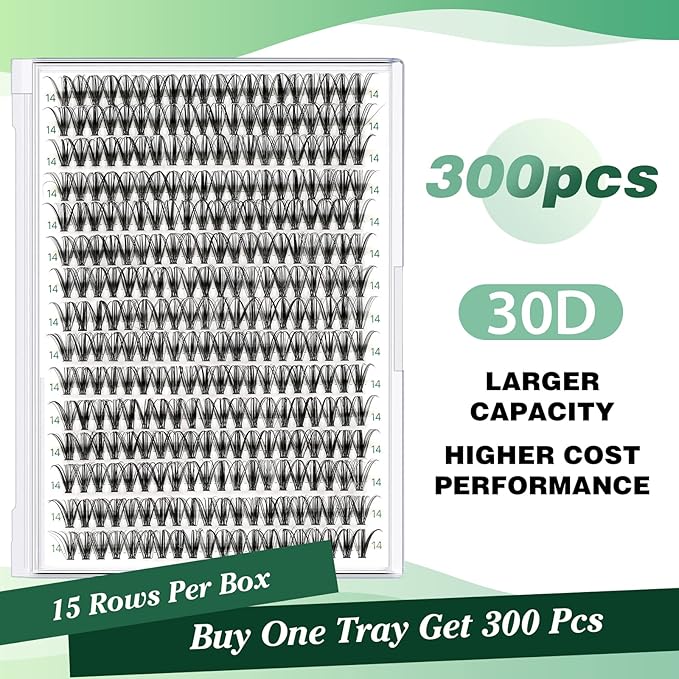 Lash Clusters 300pcs Individual Lashes 30D 0.07D Curl 14mm DIY Eyelash Extension KEYYOU Large Tray Volume Soft&Natural Eyelash Clusters(30D-0.07D,14）