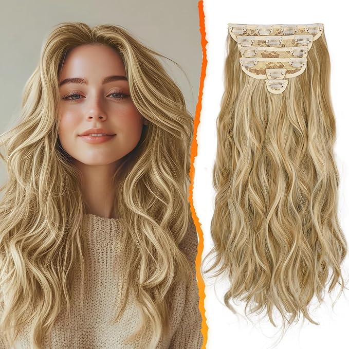 BARSDAR Golden Blonde Clip in Hair Extensions - 6PCs Beach Wavy Blonde Highlight Clip in Hair Extensions for Women - 20 Inch Thick Soft Synthetic Clips on Hairpieces Daily Party Halloween