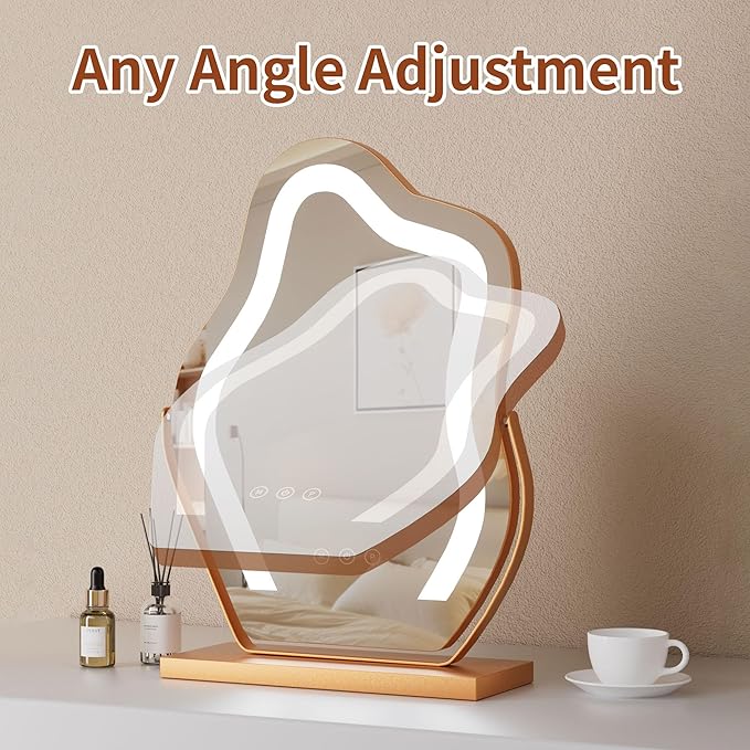 17″ Makeup Mirror with Lights Tabletop Cloud Shaped , Smart Touch, 3-Color Dim Lighting, 360° Rotation, Memory, Metal Frame, Plug-in AC Power, Vanity Mirror Gift for Women Teen Girls Champagne Gold
