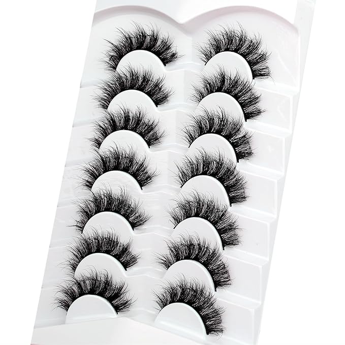 Pooplunch False Eyelashes Round Eye Lashes 8D Volume Fluffy Short Thick Crossed Natural Faux Mink Lashes Fake Eyelash Strips 7 Pairs Pack