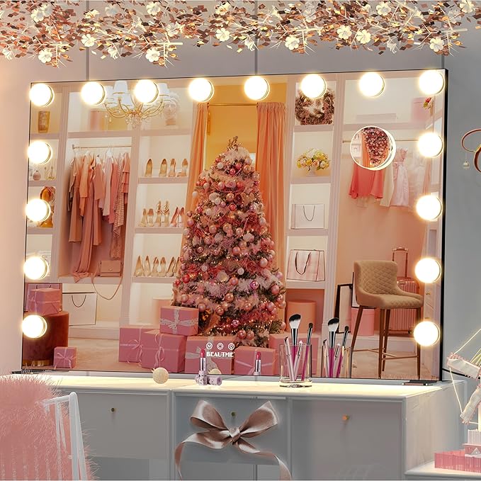 BEAUTME Large Vanity Mirror with Lights, 35.9''×24.3'' Hollywood Makeup Mirror with 16 Dimming LED Bulbs, 3 Lighting Modes, Touch Control, Tabletop or Wall Mounted, Black
