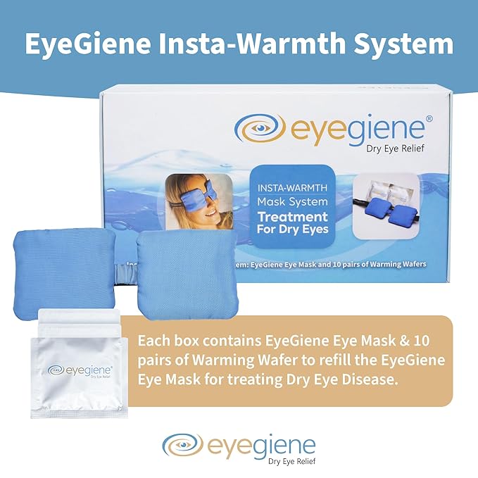 EYEGIENE System - Self Heating Eye Mask – Warm Compress for Eyes, Multi-Use Heat Treatment for Dryness, Fatigue, Styes, Blepharitis, Portable Heated Eye Mask for Dry Eyes, 10 Pair Wafers & 1 Mask