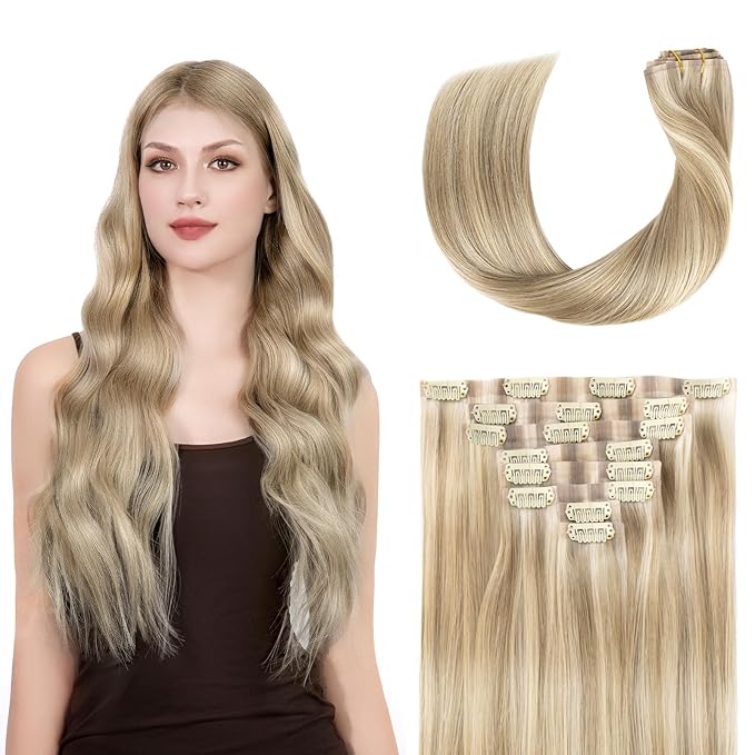 Clip in Hair Extensions Real Human Hair Seamless Clip Ins 100% Remy Hair Extensions PU Weft Golden Blonde Mix Light Blonde Thick&Invisible #P16A/22A 22Inch 120G 8PCS