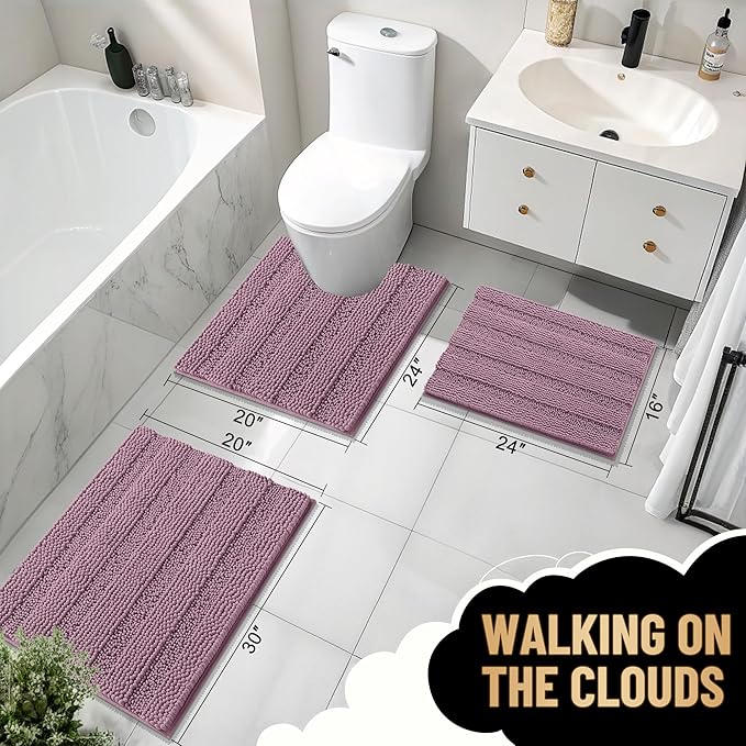 OLANLY Thick Bathroom Rugs 30x20, Extra Soft Absorbent Chenille Striped Bath Rugs, Rubber Backing, Machine Wash Dry, Bath Mats for Bathroom Floor, Tub and Shower, Home Decor Accessories, Deep Plum