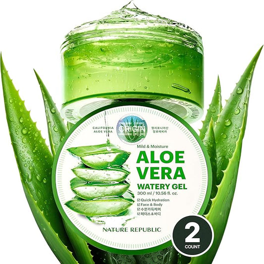 Nature Republic MILD & MOISTURE ALOE VERA WATERY GEL (2 PCS) Quick Hydration & fast absorbing non-sticky texture, Aftersun & Aftershave, Moisturizing Face Skin & Hair,korean skin care All Skin Types
