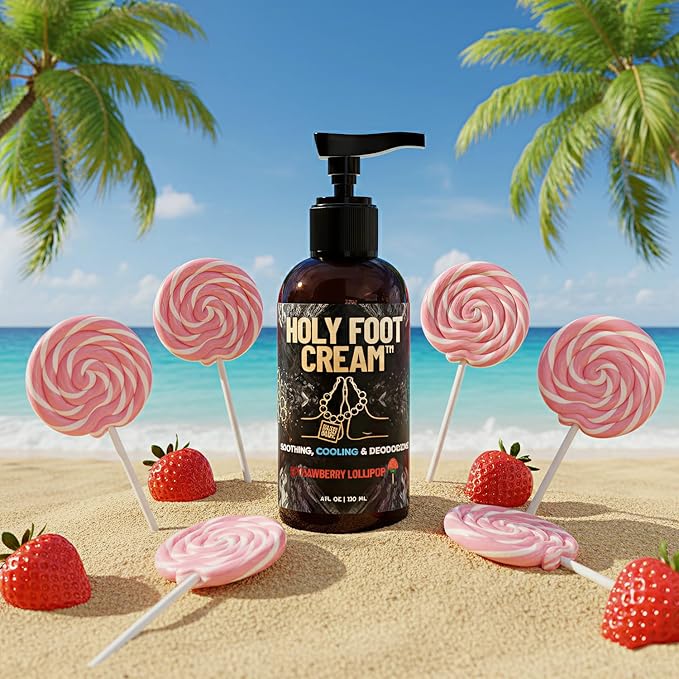 Derm Dude Holy Foot Cream | Daily Moisturizing Foot Cream with DeoPlex for Freshness & Arrowroot for Lightweight Hydration | Strawberry Lollipop Scent 4oz